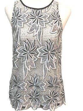 Intermix Silver & Black Floral Embroidered Open Knit Tank Top Size Petite